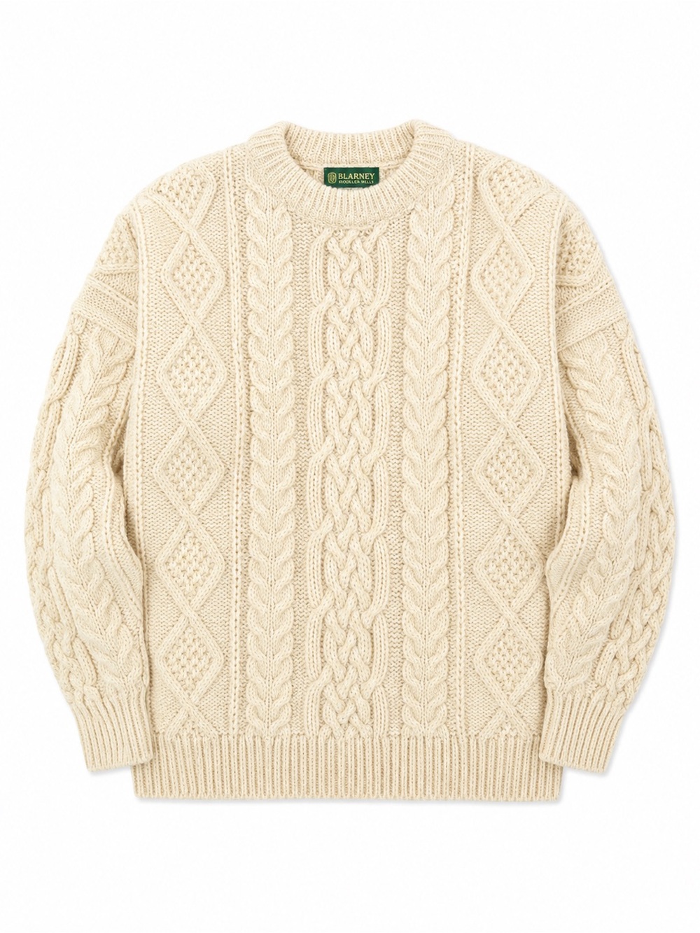 Blarney Woolen Mills 100% Pure New Wool Aran Cable Knit Sweater Cream L